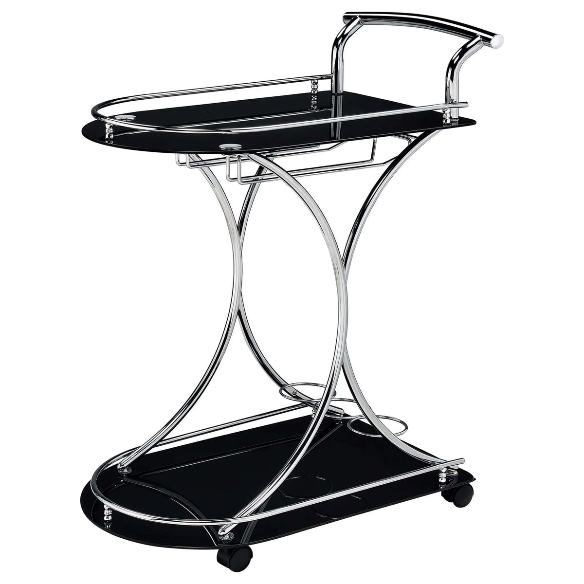 Elfman 2-tier Glass Shelf Metal Bar Cart Black and Chrome | 26.5 x 15.75 x 33.75 in | Glass & Metal | Home
