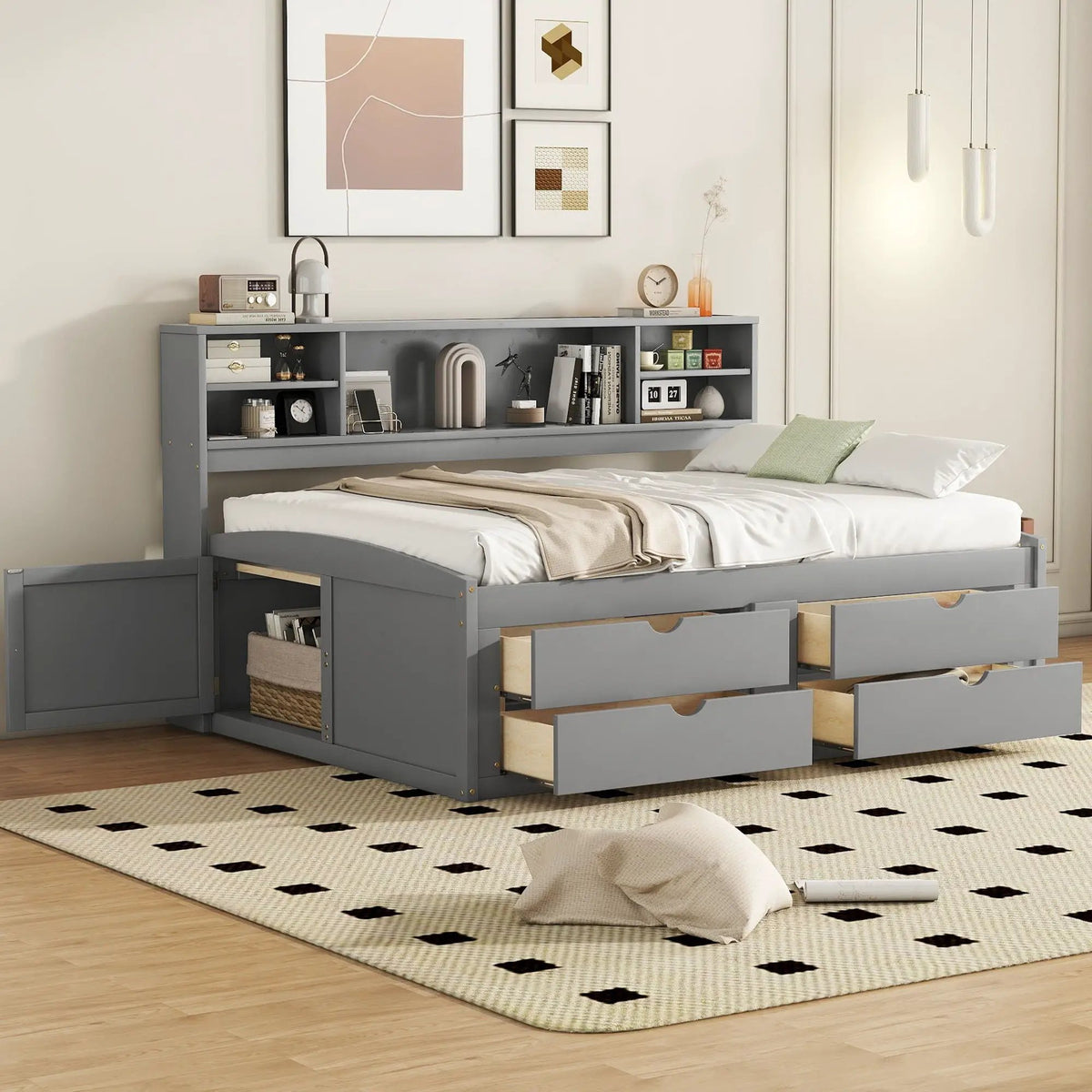 Daybed With Storage | 2 Bedside Cabinets | Upper Shelves | 4 Drawers
