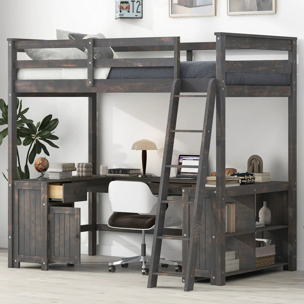 Loft Bed | U Shaped Desk | Wooden Frame | Storage Shelves