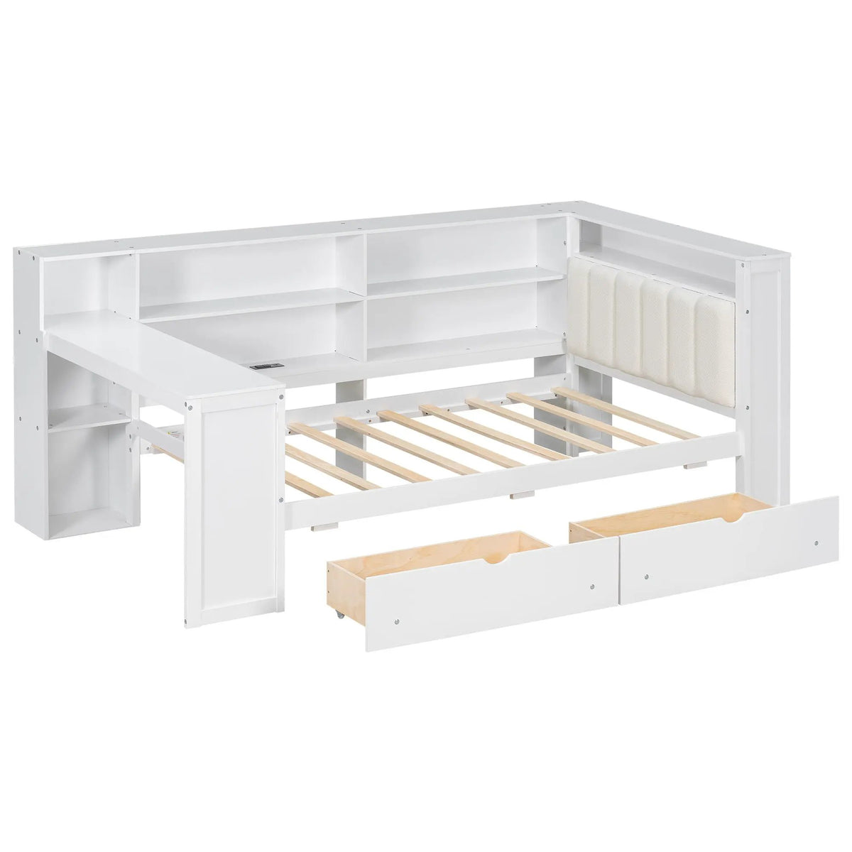Upholstered Platform Storage Bed | Eight Open Shelves | Two Drawers | LED Lighting And Charging Station