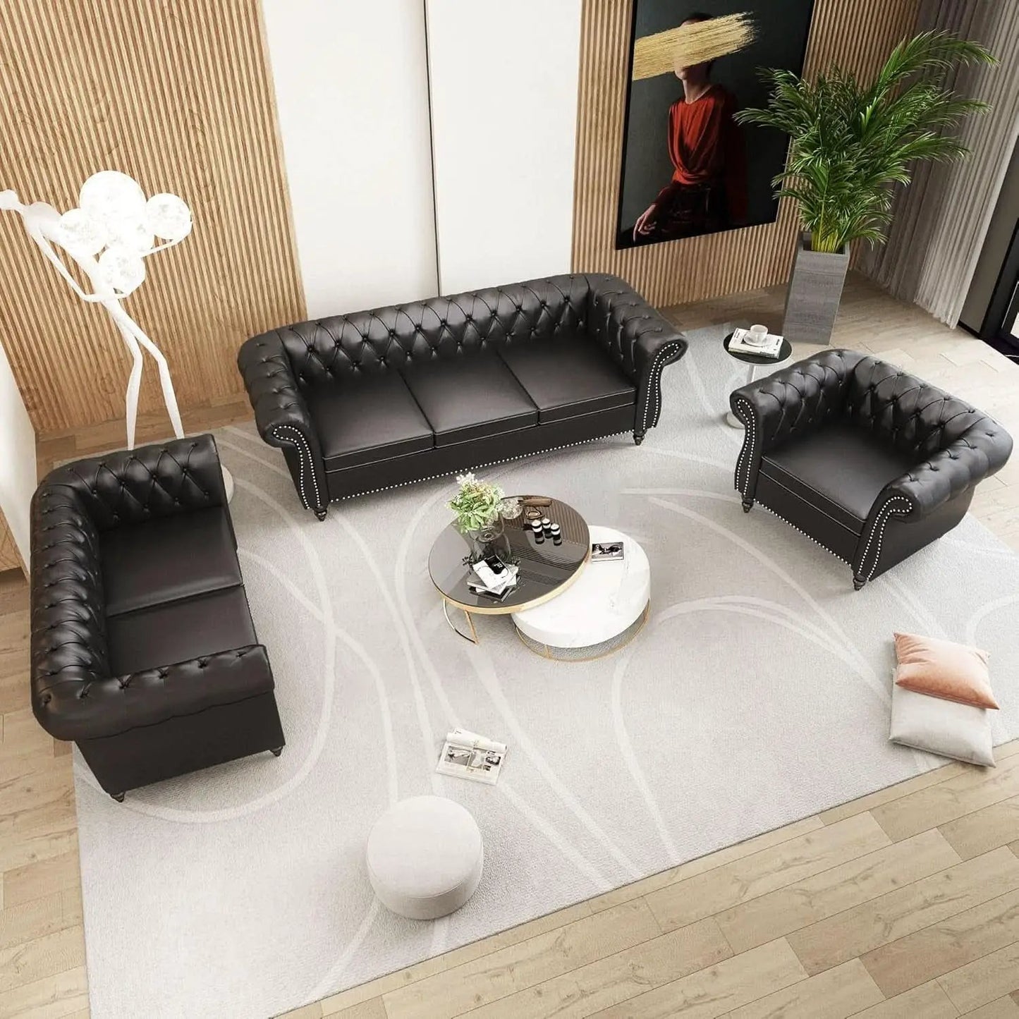 3 Piece Living Room Set Sectional Chesterfield Sofa Chair Artificial Leather Black from PriceLows™