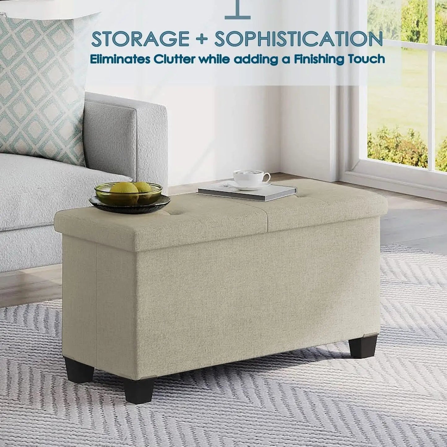 Ivory Linen Ottoman With Removable Storage Bins For Living Room from PriceLows™
