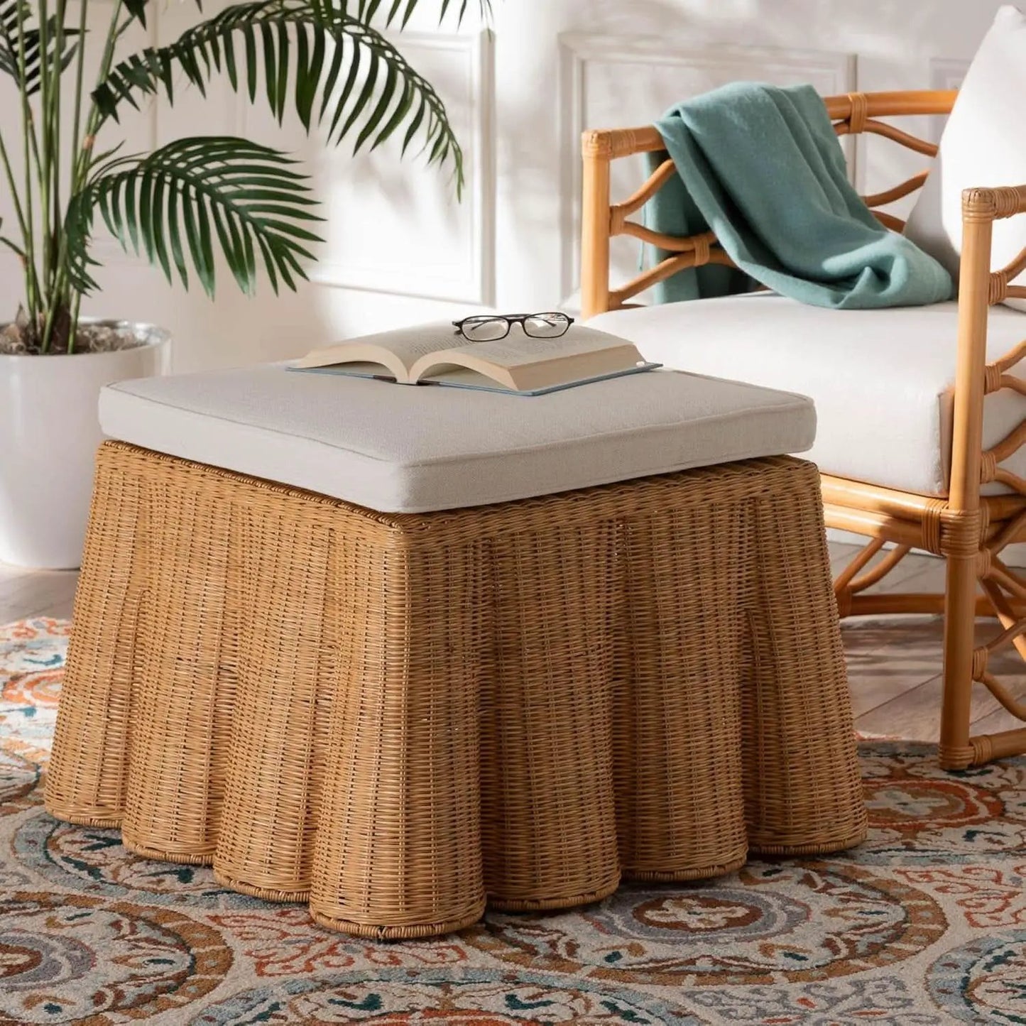 Honey Bohemian Scallop Rattan Ottoman Plush Cushion from PriceLows™