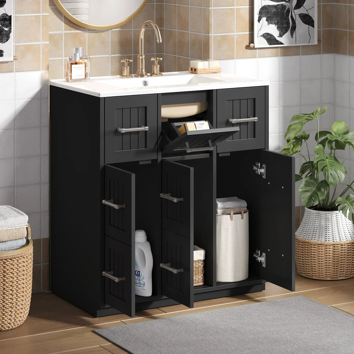 Bathroom Vanity With Undermount Sink, Soft-Close Doors, Drawers, Ceramic Sink | 30 x 18.4 x 33.8 in | Solid Wood & Metal | Bathroom