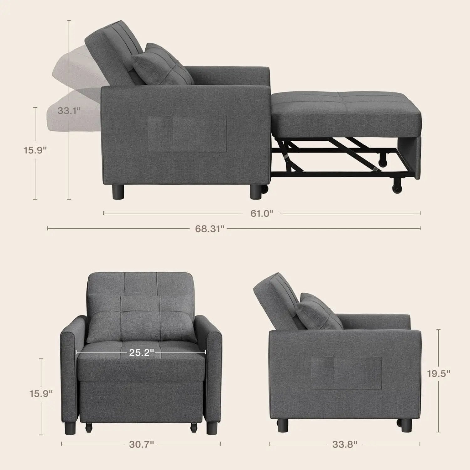 Dark Gray Sleeper Chair Bed Three In One Convertible Modern Linen Fabric Sofa from PriceLows™