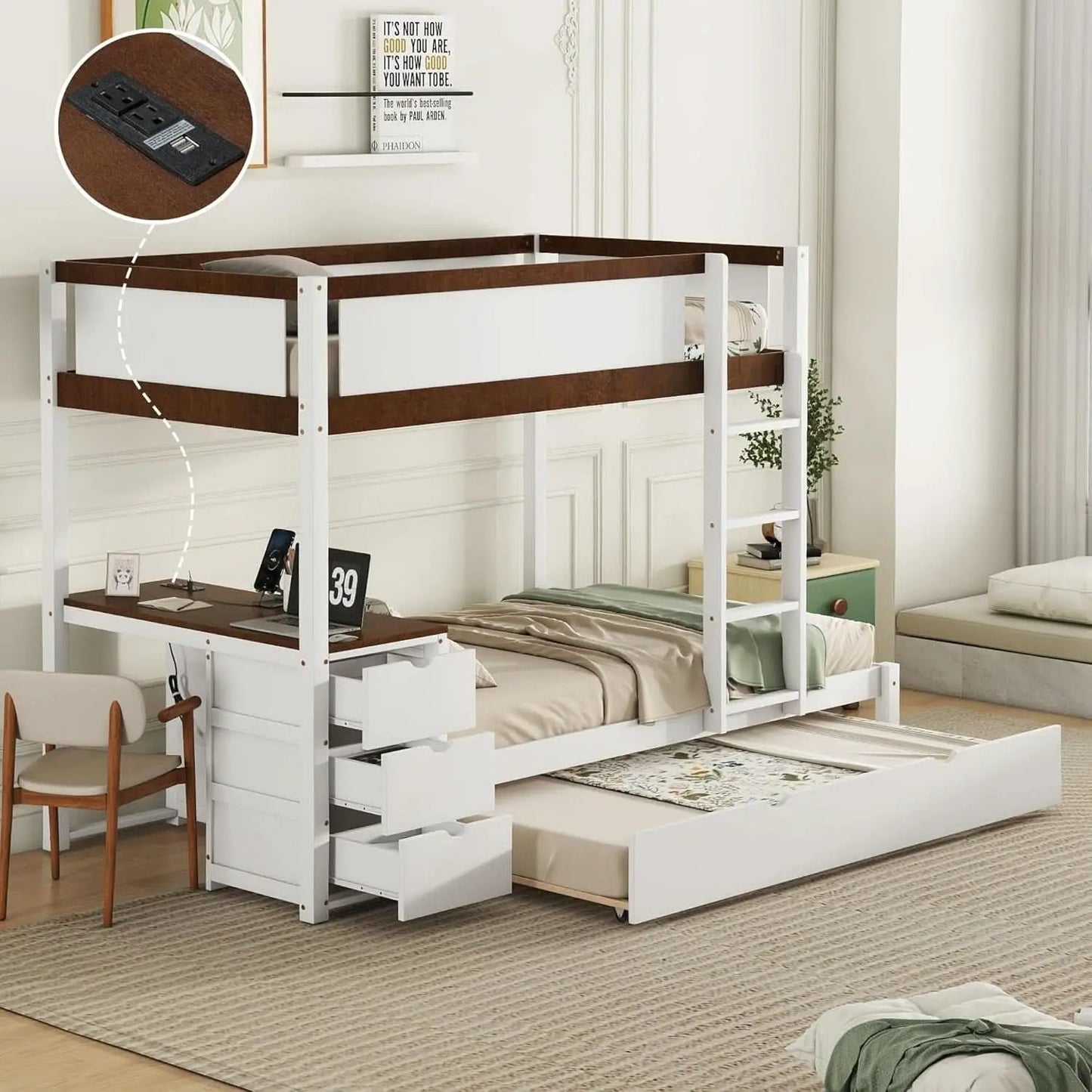 Twin Over Twin Bunk Bed With Desk USB Ports White Walnut from PriceLows™