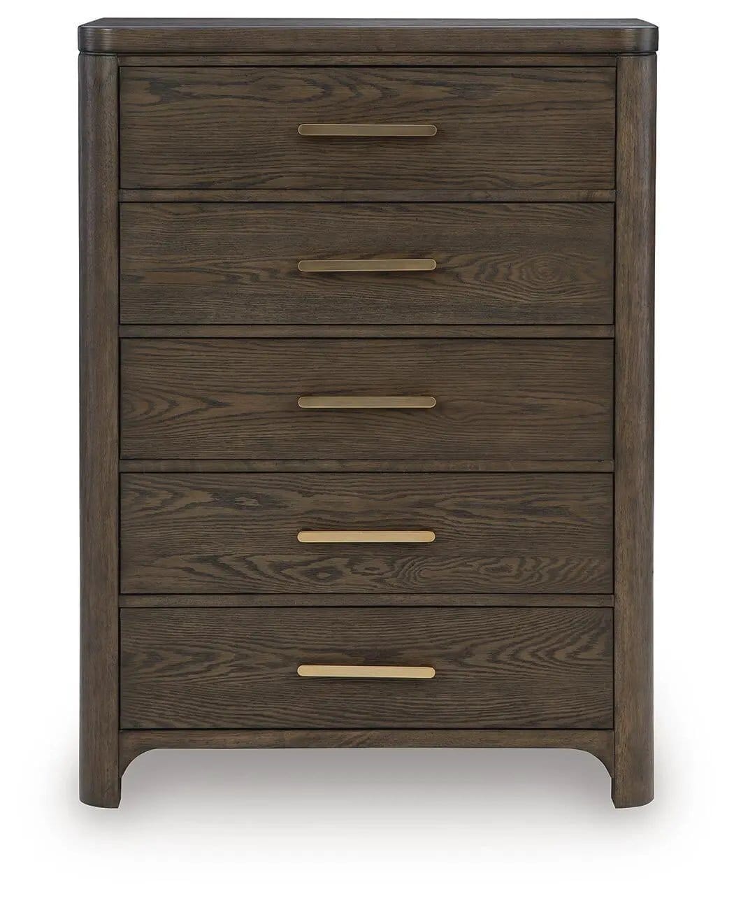 Radkin Five Drawer Chest | 38 x 19.5 x 52.25 in | Oak Veneer & Metal | Burnished Brown