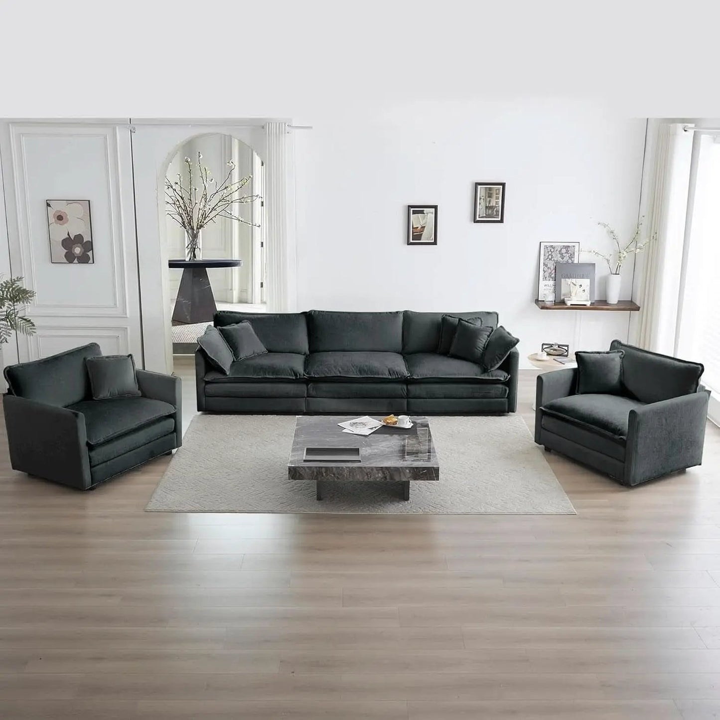 Grey Chenille 3 Piece Sofa Set With Two Single Sofas And One 3 Seater from PriceLows™