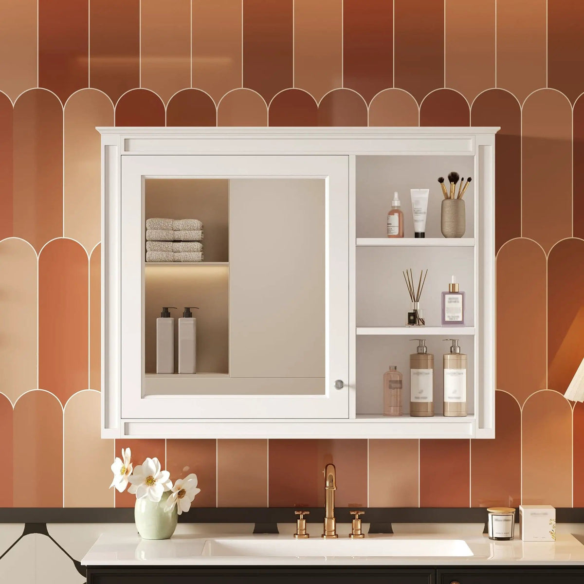 Wall Mounted Medicine Cabinet With Mirror, Adjustable Shelf - | 36 x 6.7 x 28 in | Solid Wood & Glass | White