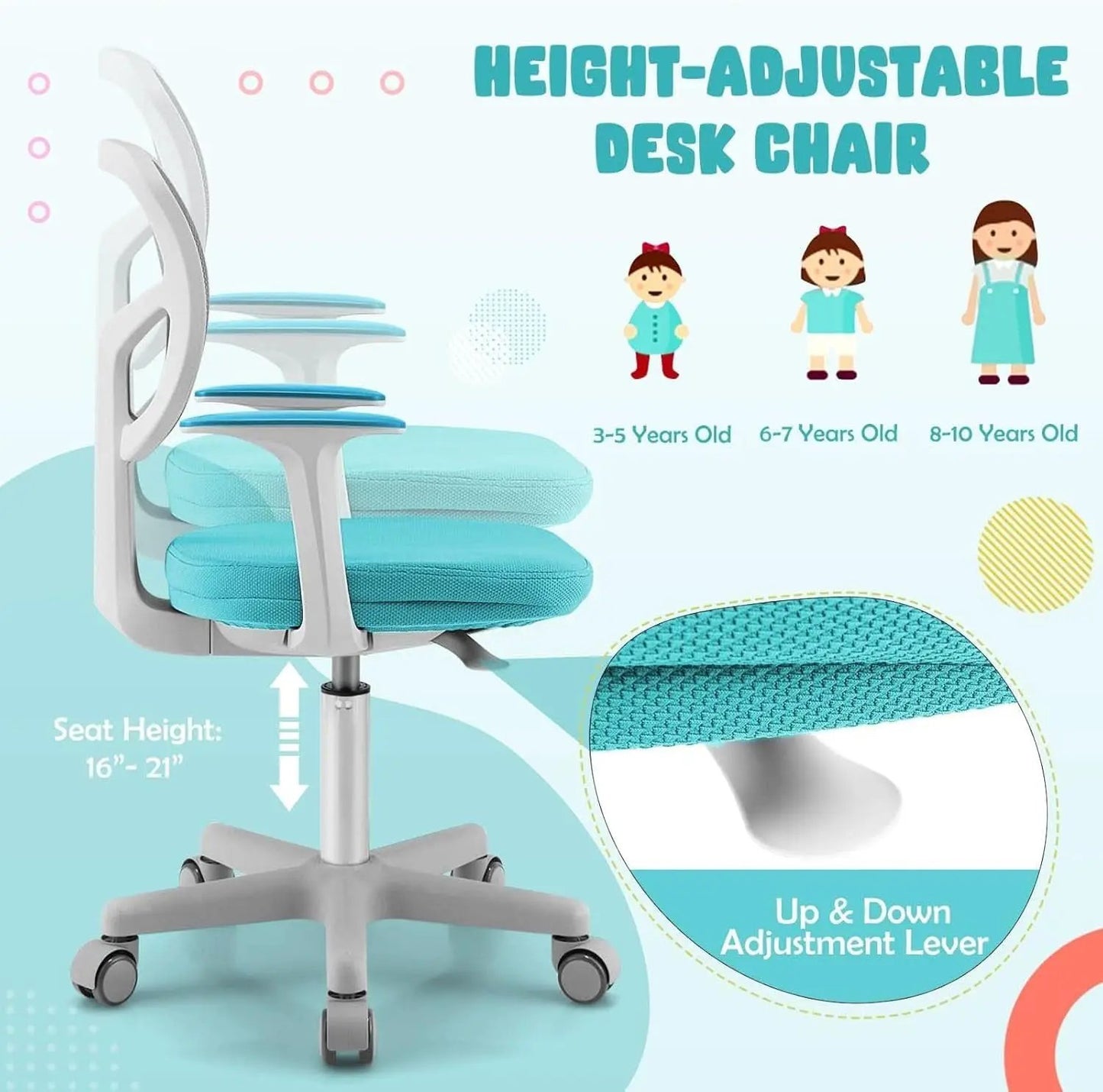 Ergonomic Kids Desk Chair With Lumbar Support Cyan