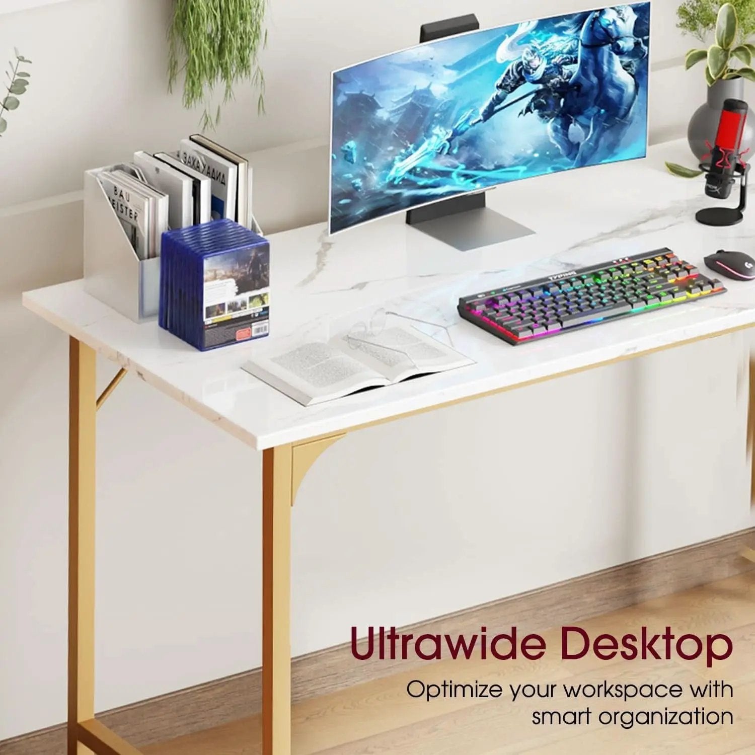 47 Inch Computer Desk Gold Metal Frame Modern Home Office Desk from PriceLows™