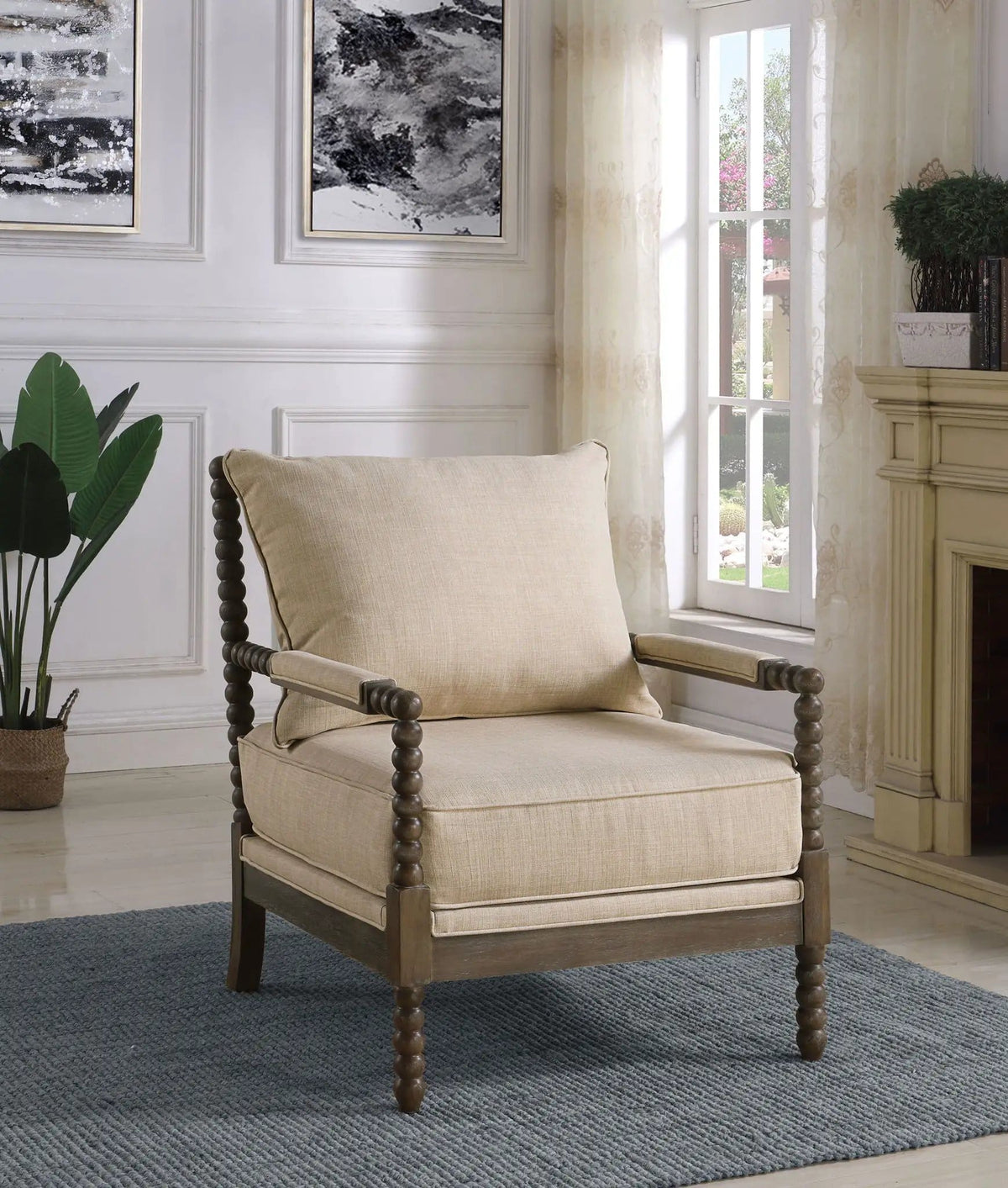 Blanchett Upholstered Bobbin Accent Chair Beige and Distressed | 29.5 x 34 x 38 in | Rubberwood & Fabric | Brown