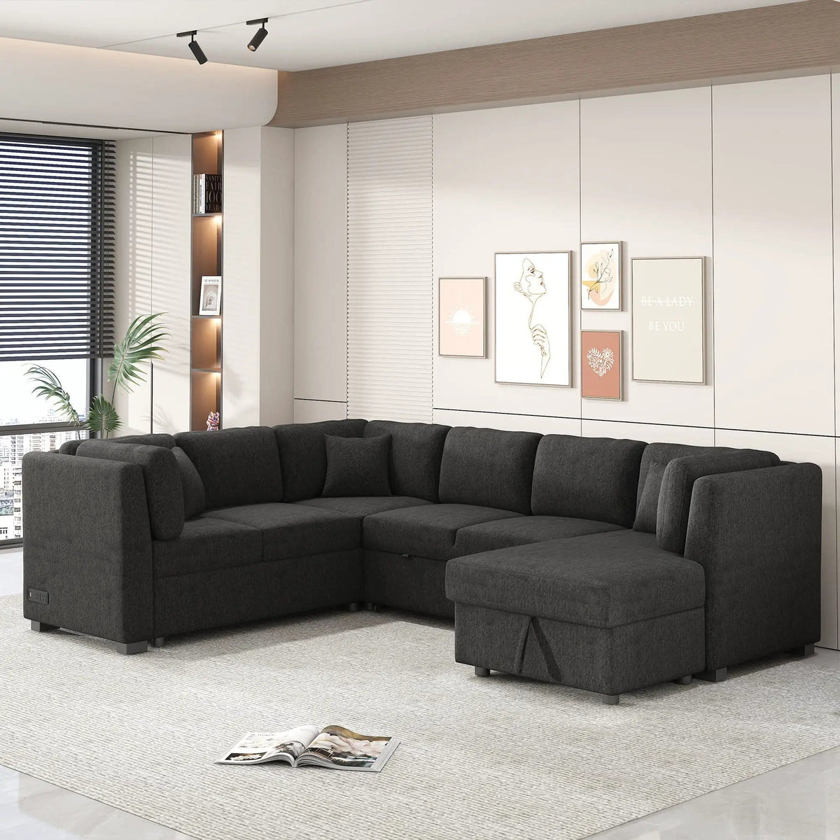U-Shaped Sectional Sofa Pull Out Sofa Bed With Two USB Ports, Two Power Sockets | 3 Pieces | Fabric | Bedroom