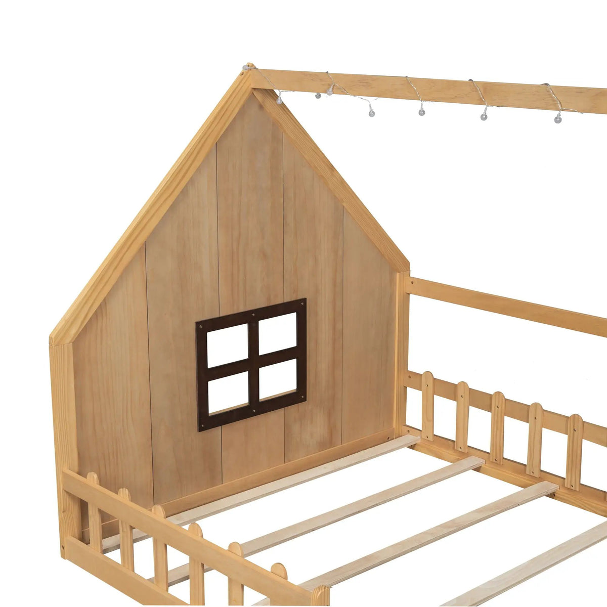 Platform House Bed | Window And Fence Design | Solid Pine Wood | Built-In LED Light