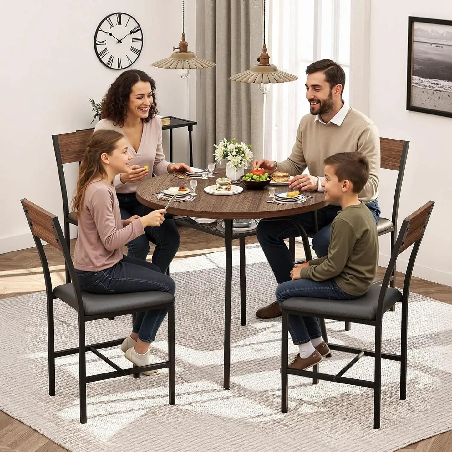 Round Dining Table Set For Four Walnut Wood Finish Metal from PriceLows™