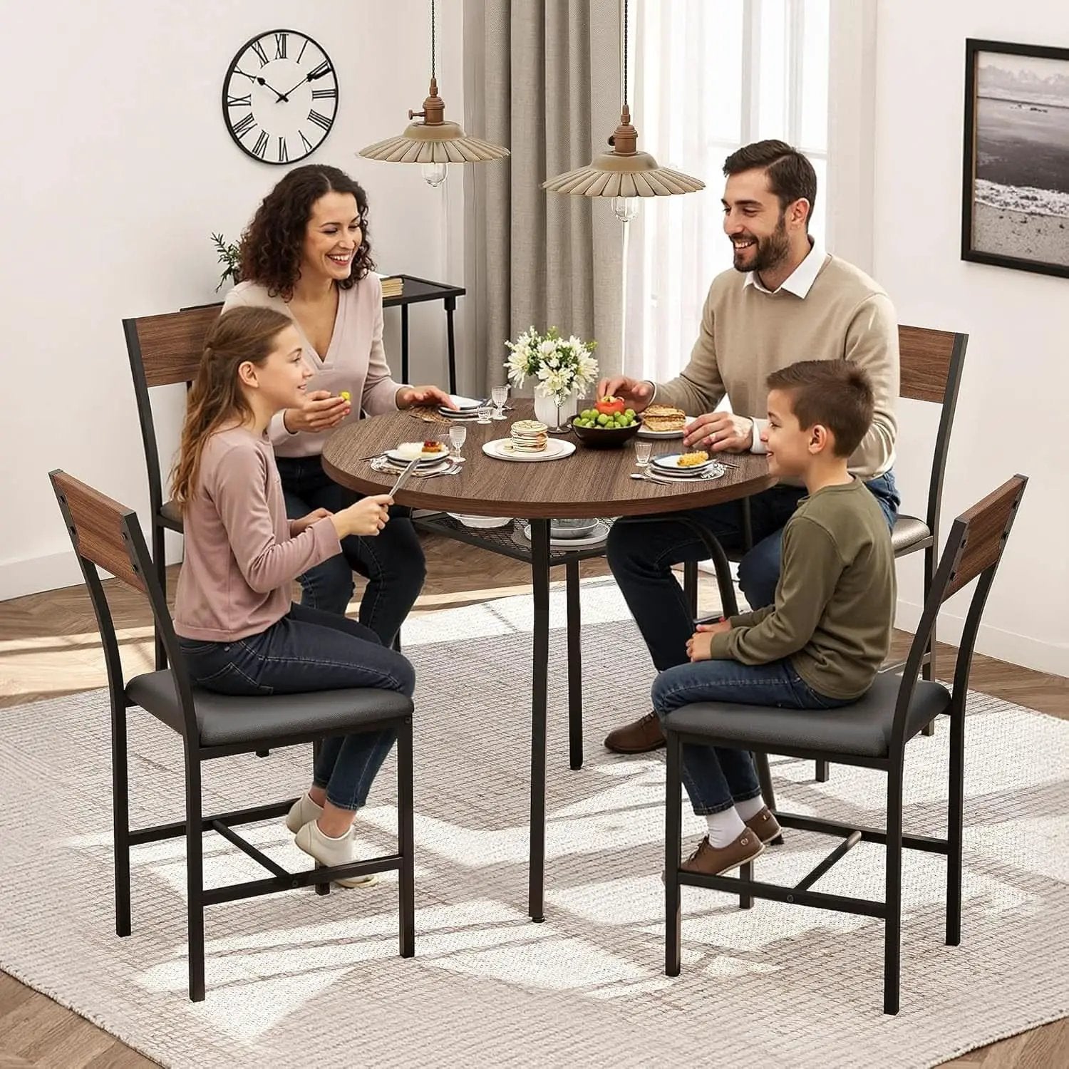 Round Dining Table Set For Four Walnut Wood Finish Metal from PriceLows™