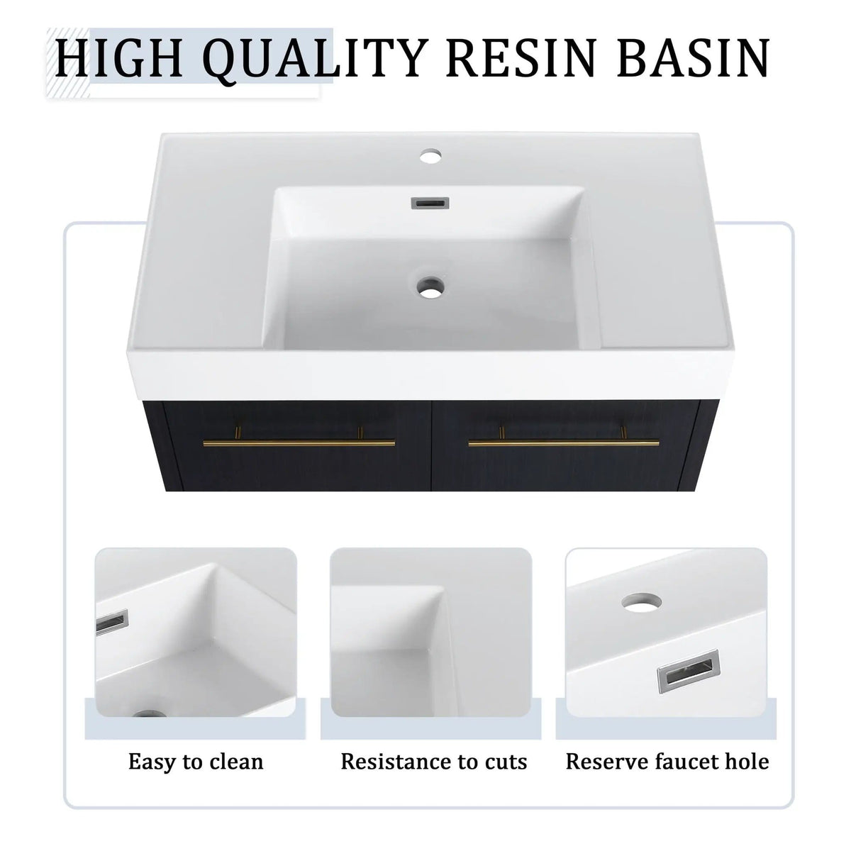 Modern Wall Mounted Bathroom Vanity With Thick Edge Resin Sink And Storage Rack | 3 Pieces | Stainless Steel & Plywood | Bathroom