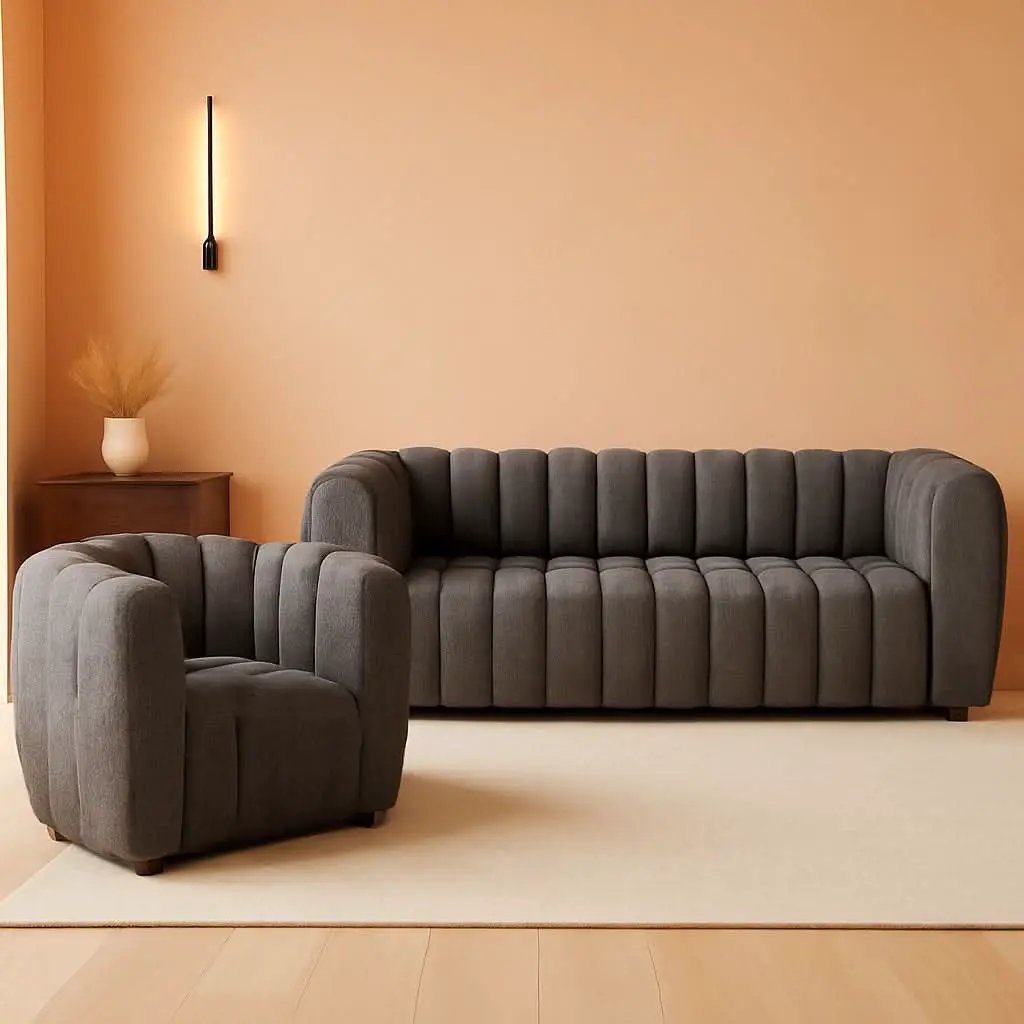 Charcoal Gray Vertical Channel Tufted 3 Piece Sofa Set from PriceLows™