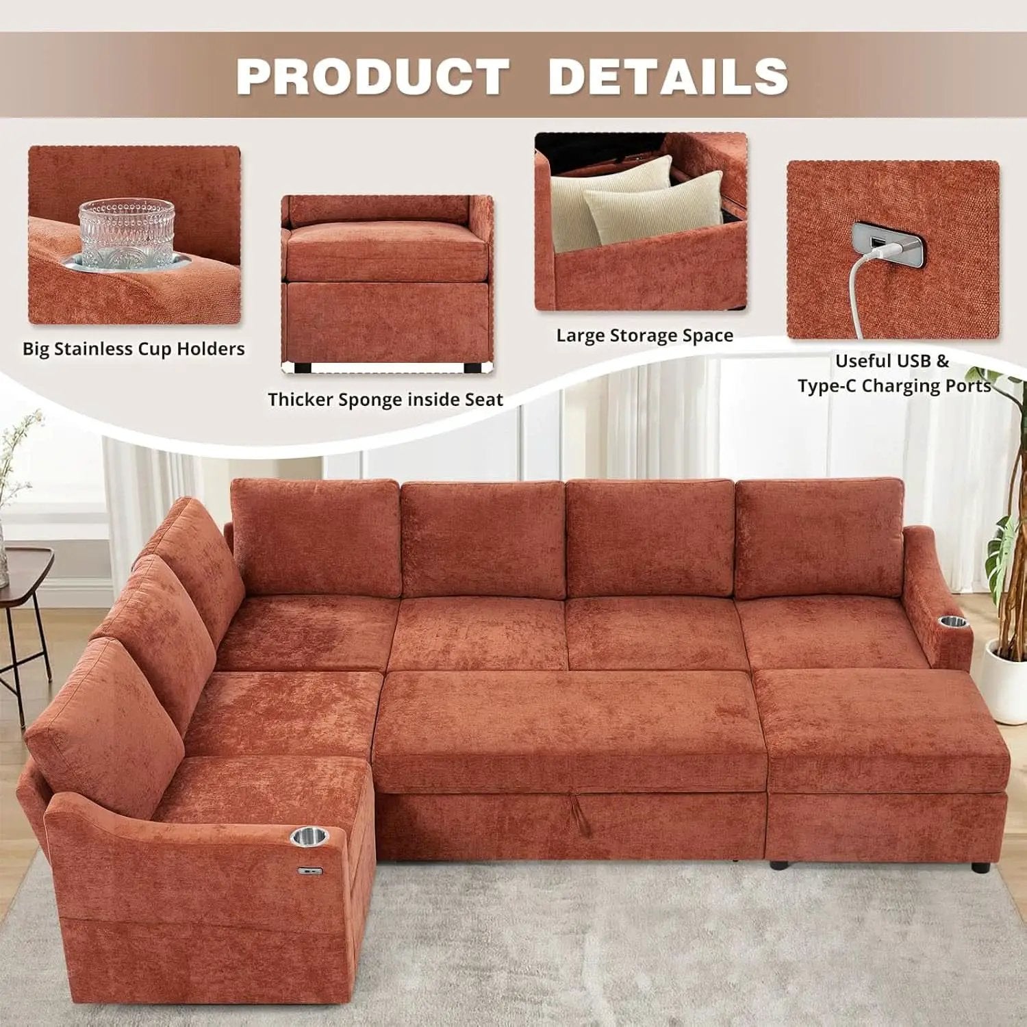 116Inch Orange Chenille Fabric Modular Sleeper Sofa USB from PriceLows™