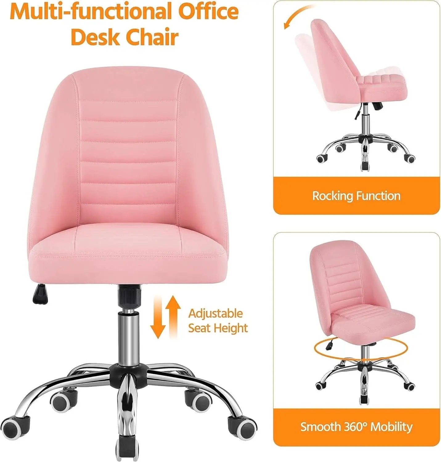 Pink PU Leather Armless Office Chair With Rolling Wheels from PriceLows™