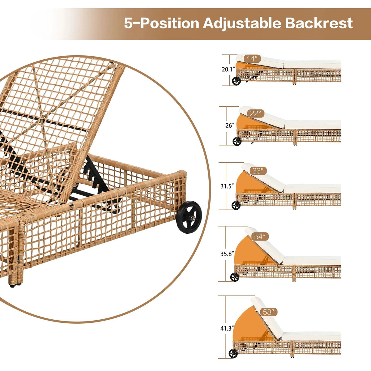 Outdoor Lounge Chair | 5 Position Reclining | Portable Wheels