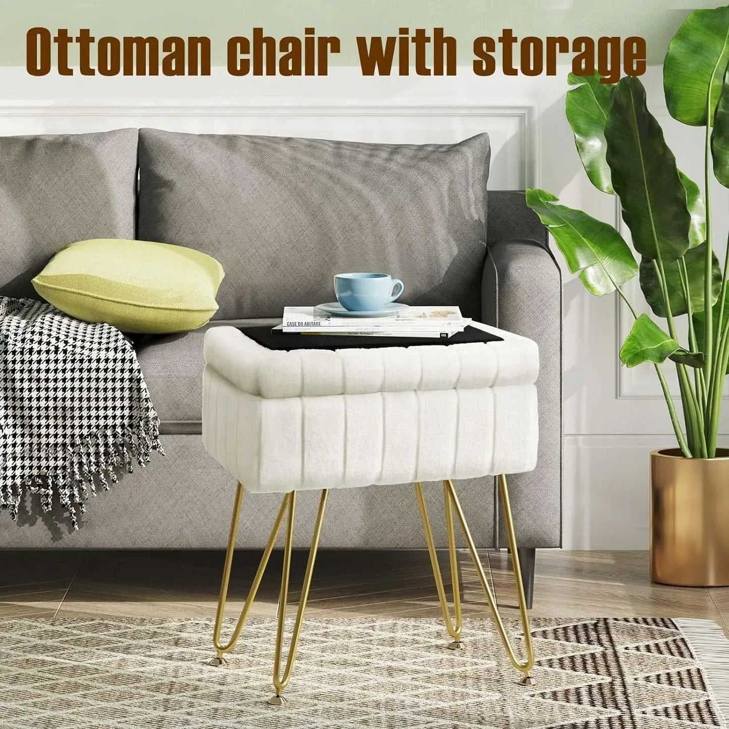 White Faux-Fur Vanity Stool With Premium-Grade Stowable-Storage from PriceLows™