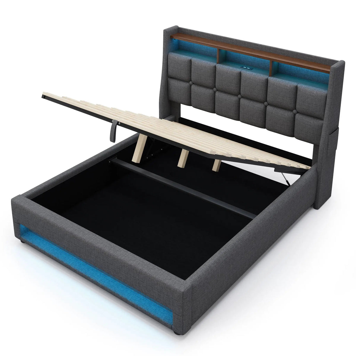 Upholstered Platform Bed | Hydraulic Storage System | LED Lighting | USB Charging Port