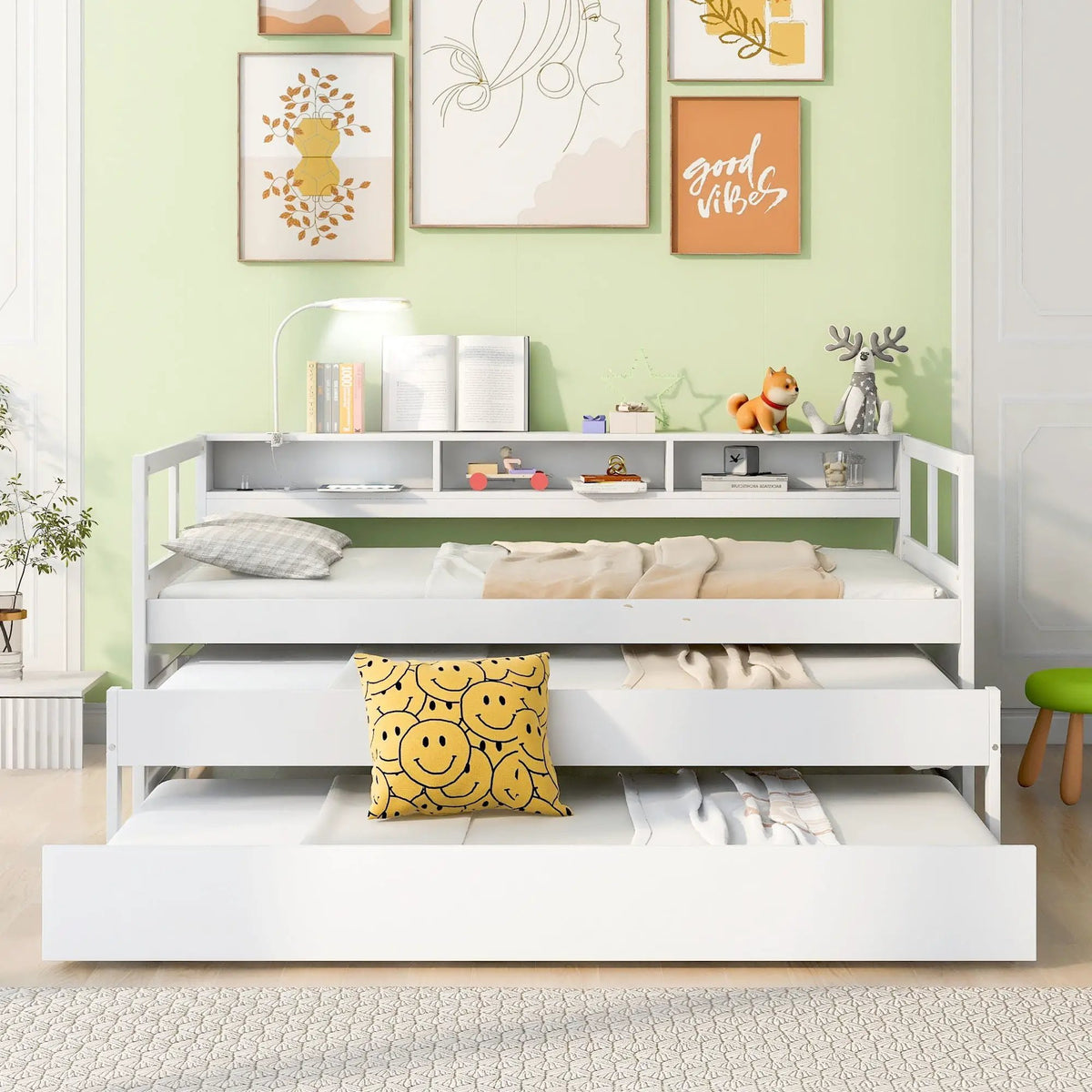 Daybed | 2 Trundles | 3 Storage Cubbies | Solid Wood Frame