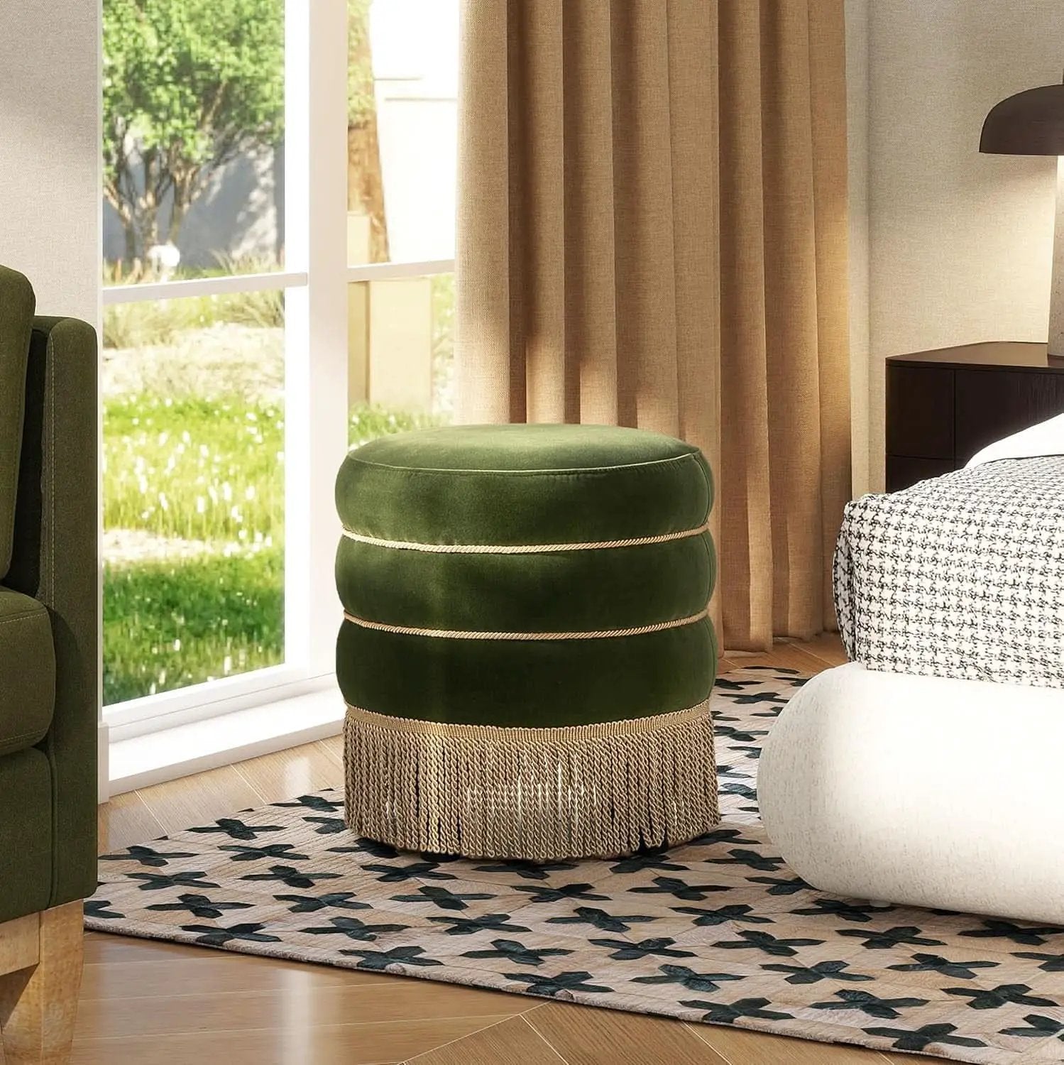 Olive Performance Velvet Round Ottoman With Fringe from PriceLows™