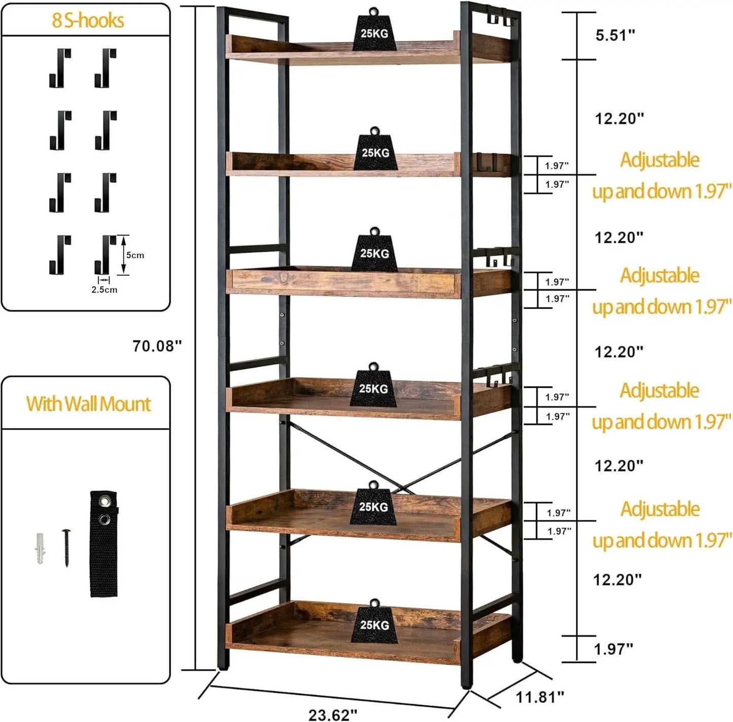 Adjustable Six Tier Industrial Wood Black Metal Bookcase from PriceLows™