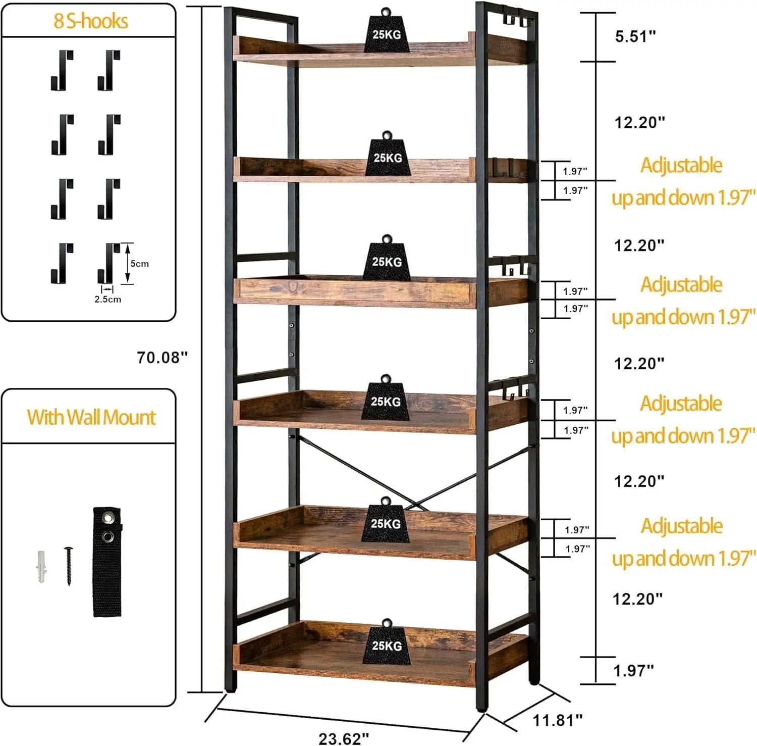 Adjustable Six Tier Industrial Wood Black Metal Bookcase from PriceLows™