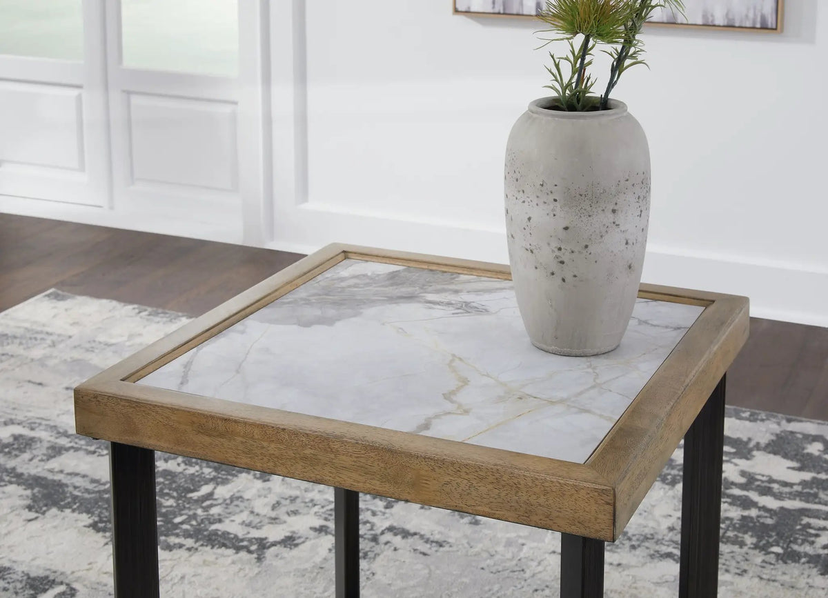 Montia Square End Table | Sintered Stone Top | Mango Veneer | Black Finish Frame