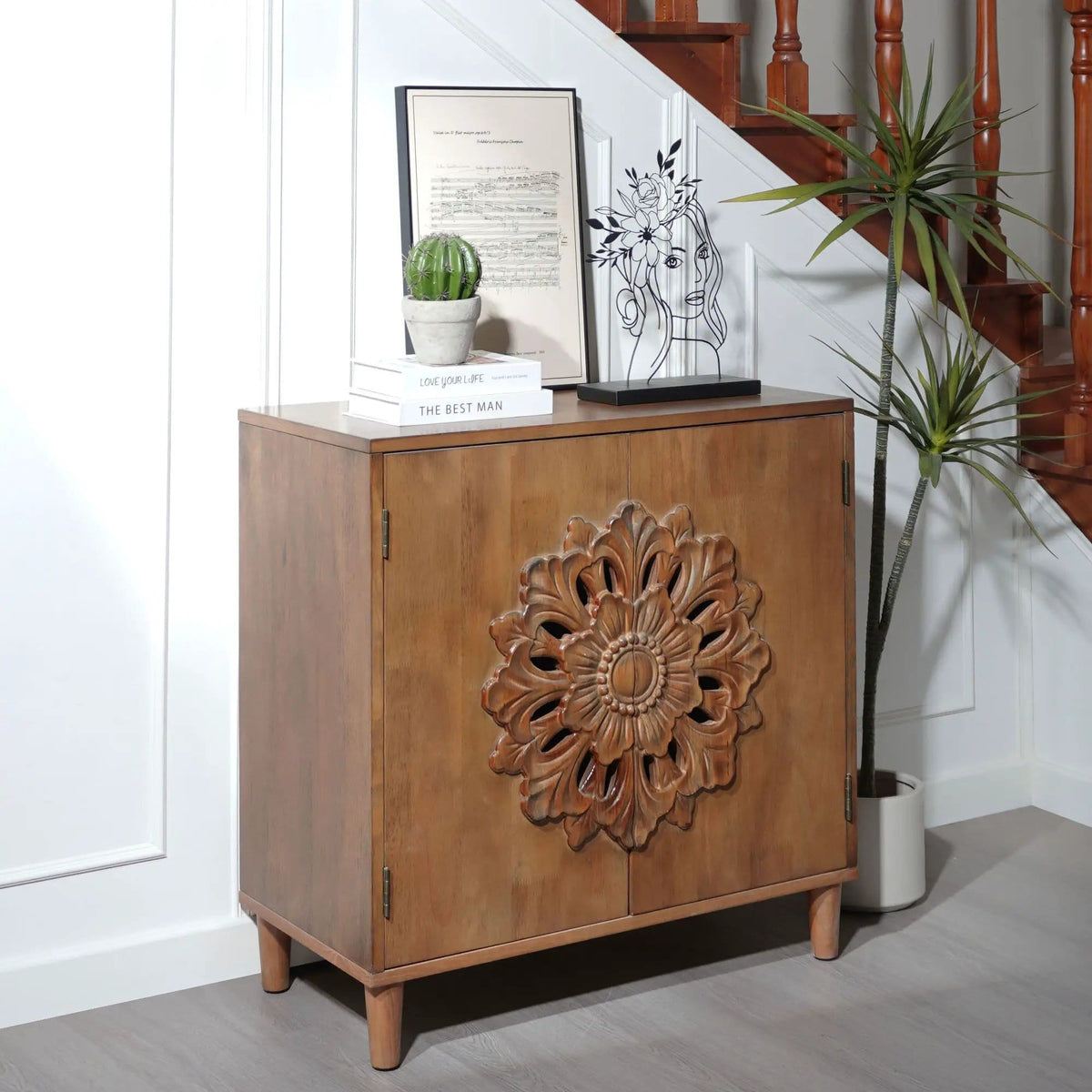 2 Door Accent Storage Cabinet With Floral Design, Sideboard For Living Room - | 31 x 15.3 x 31.7 in | Wood | Dark Brown