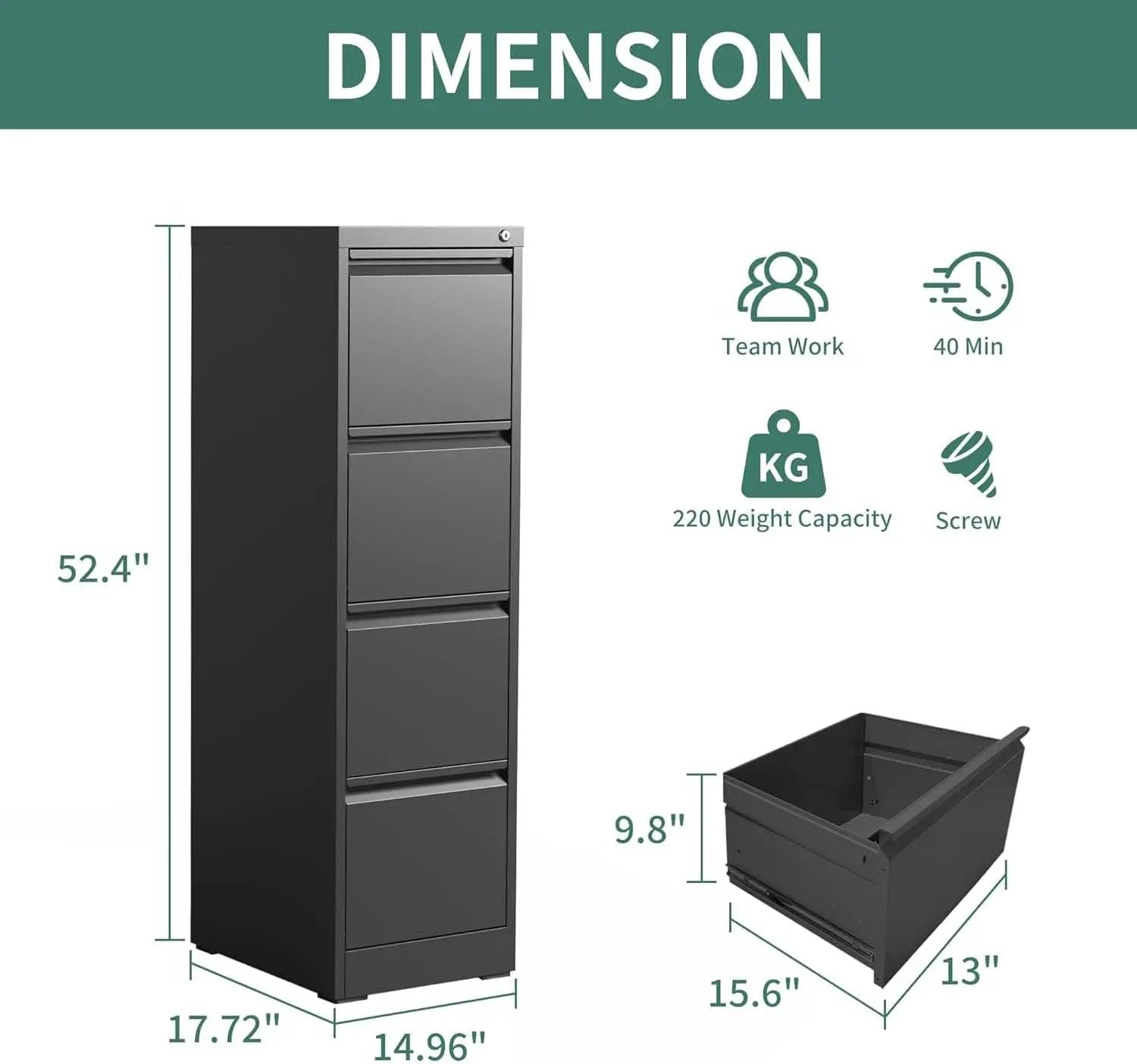 4 Drawer File Cabinet With Lock Black Metal Vertical Filing Cabinet from PriceLows™