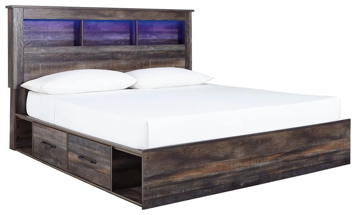 Drystan Panel Bookcase Bed | Storage Headboard | Rustic Industrial Style | 85 Inch Length