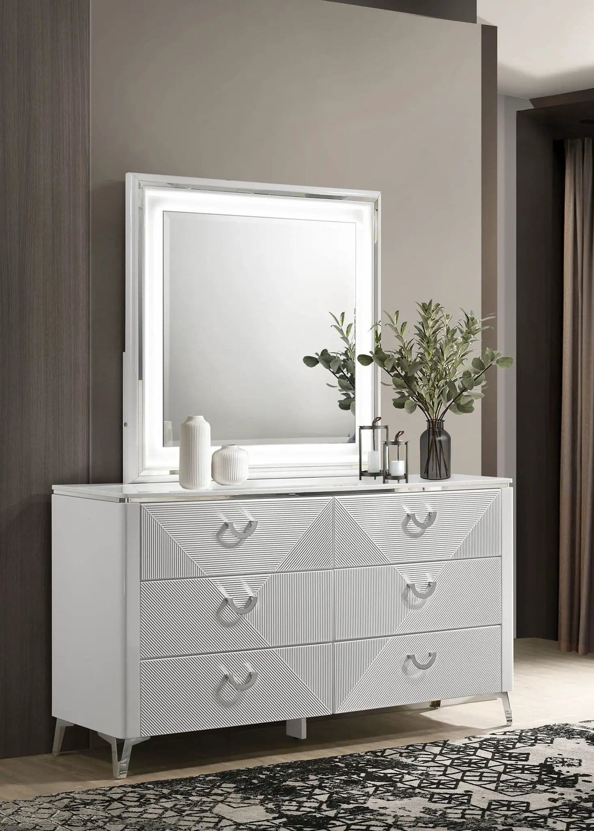 Cassia 6-drawer Dresser Cabinet with Mirror White High Gloss | 63 x 17.75 x 76.5 in | Metal | Bedroom