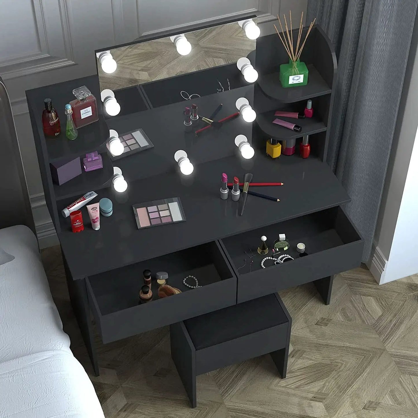 Black Vanity Set With 10 Lights For Bedroom Storage from PriceLows™