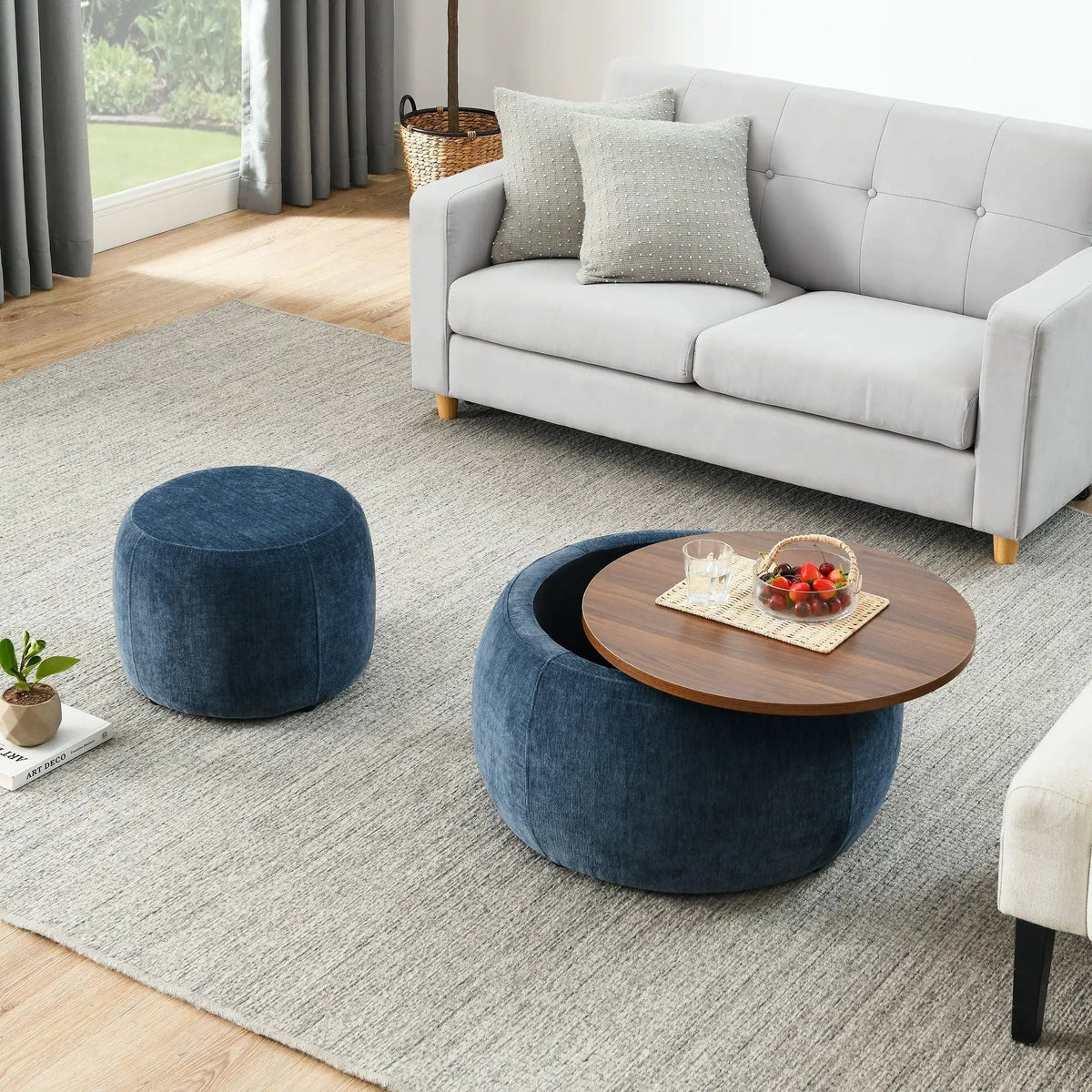 Round Storage Ottoman | Pleated Fabric | Removable Lid