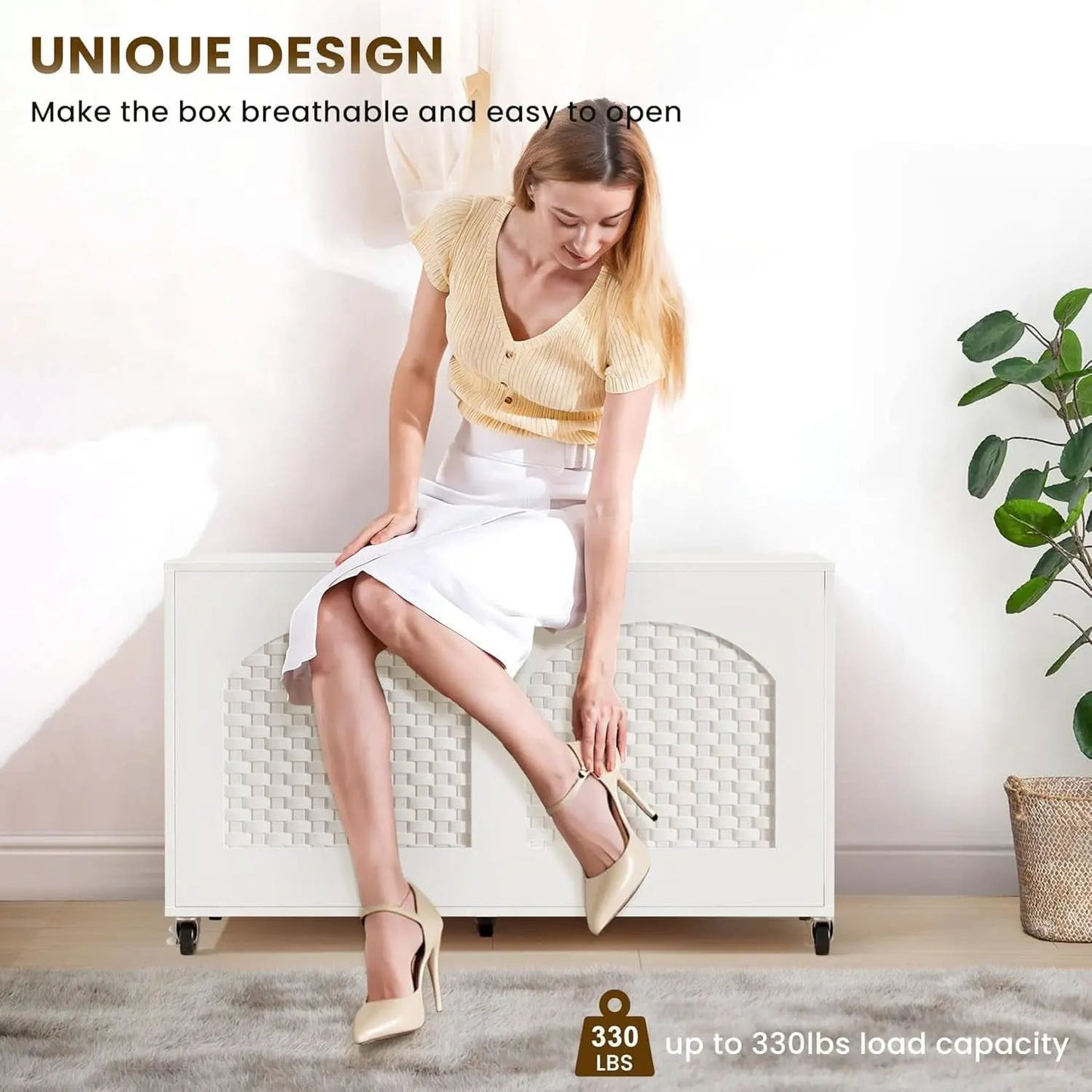White Wooden Storage Bench On Wheels from PriceLows™