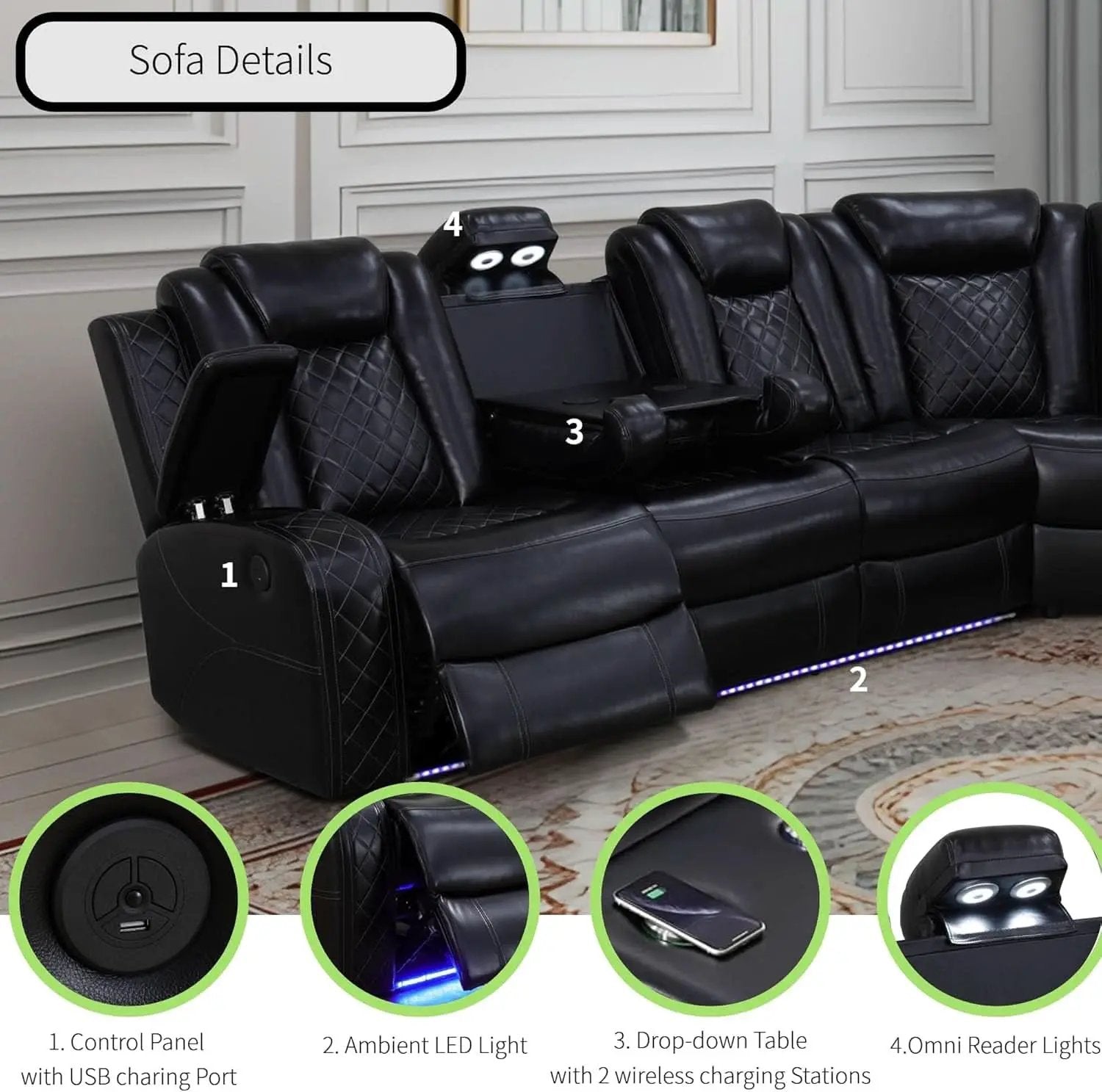 Power Recliner Sectional Sofa Black With LED Lights from PriceLows™