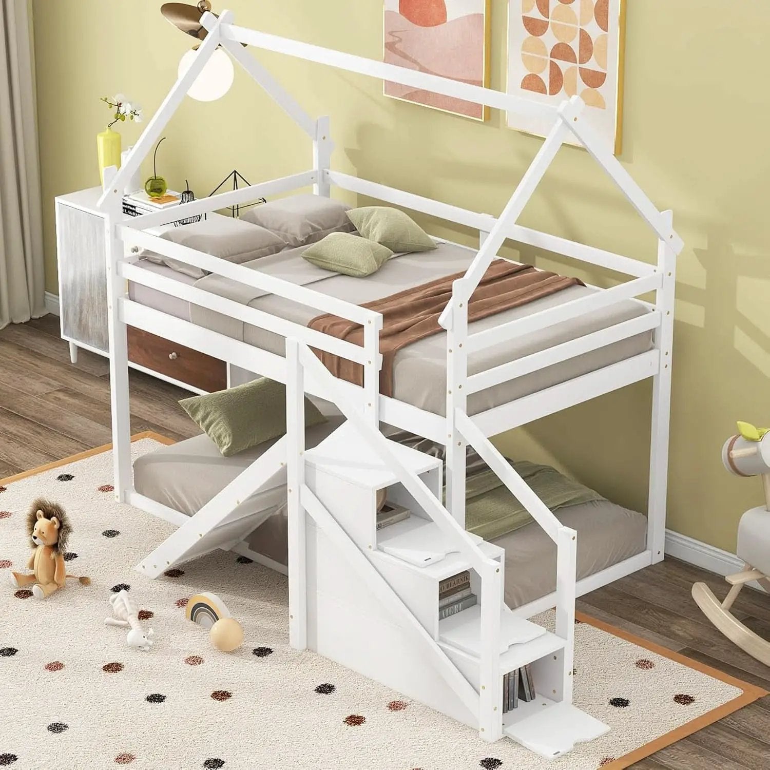 White House Twin Over Twin Bunk Bed With Slide And Stairs from PriceLows™