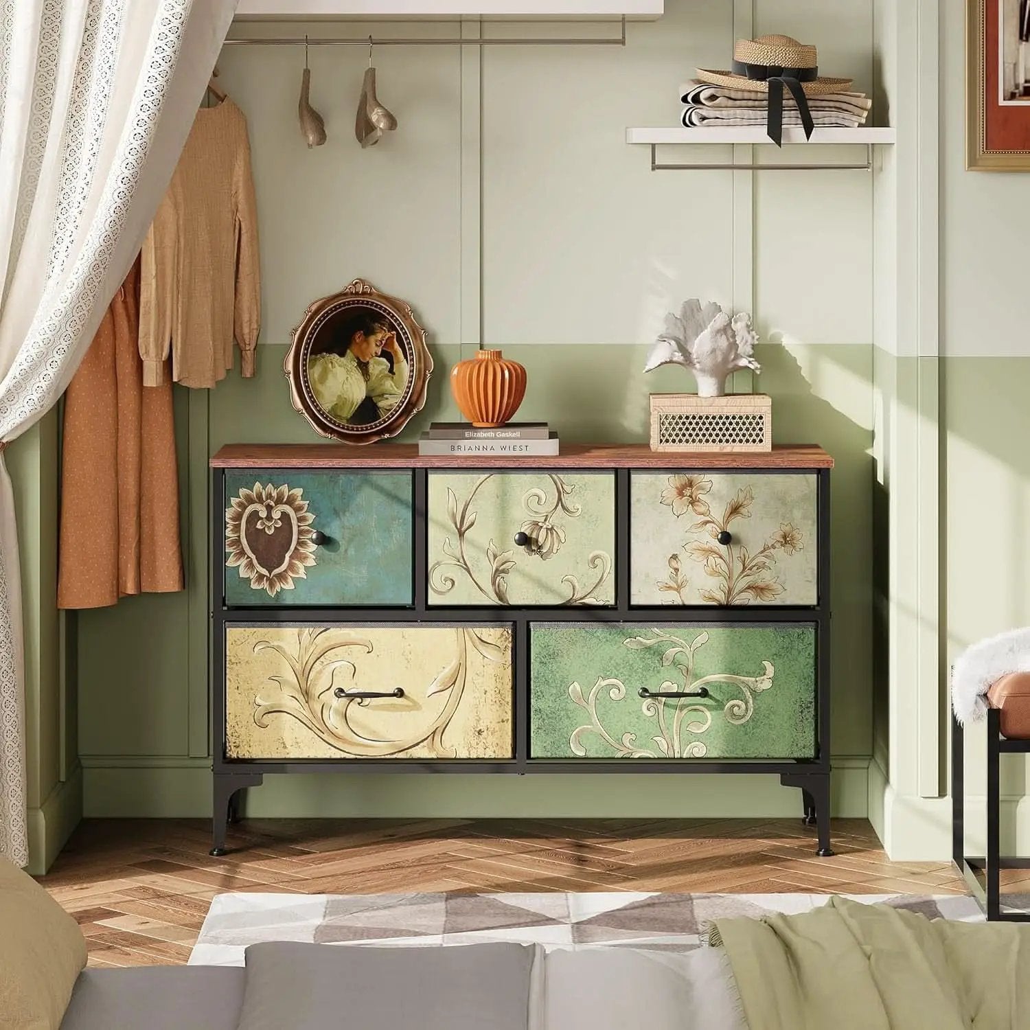 Floral Painted Dresser With 5 Drawers And Fabric Bins from PriceLows™