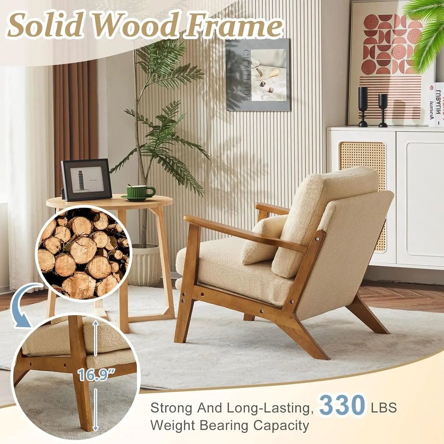 Solid Wood Armchair Khaki Teddy Velvet Upholstery With Pillow from PriceLows™