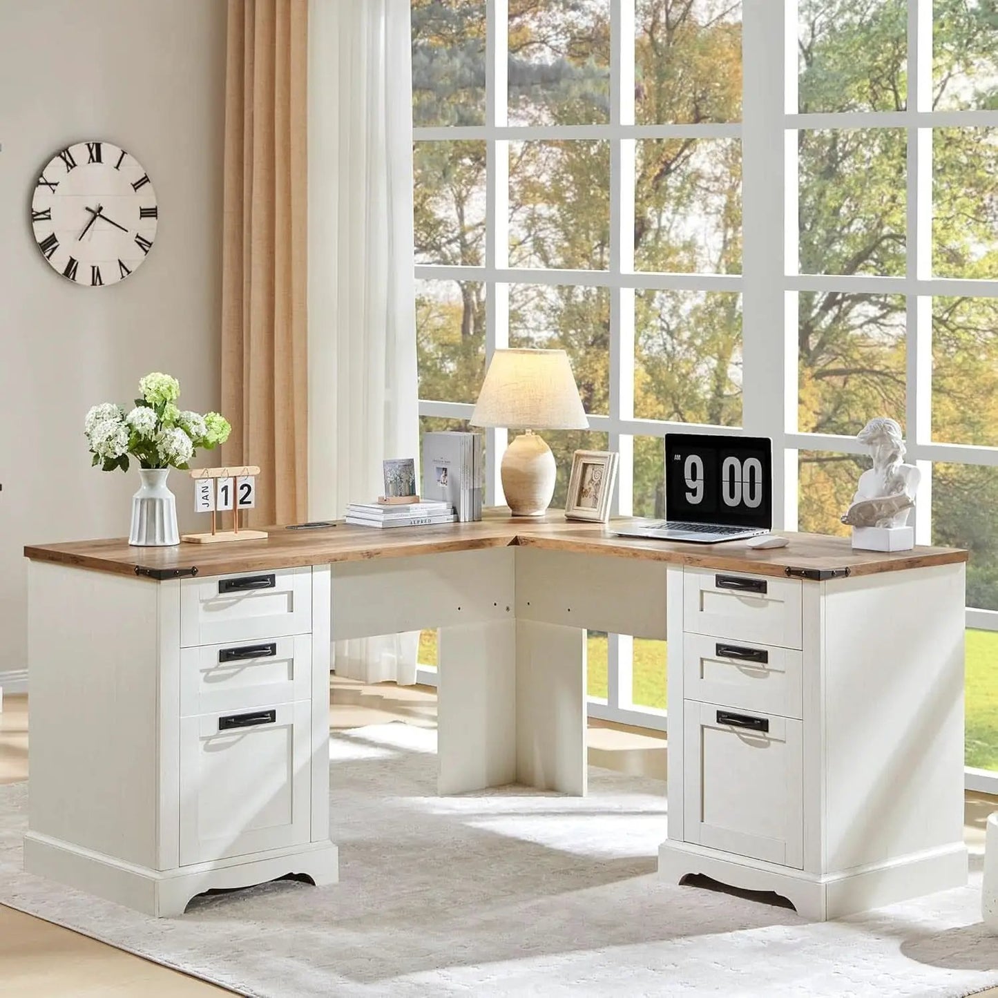 60 Inch Farmhouse L Shaped Desk Antique White With Drawers from PriceLows™