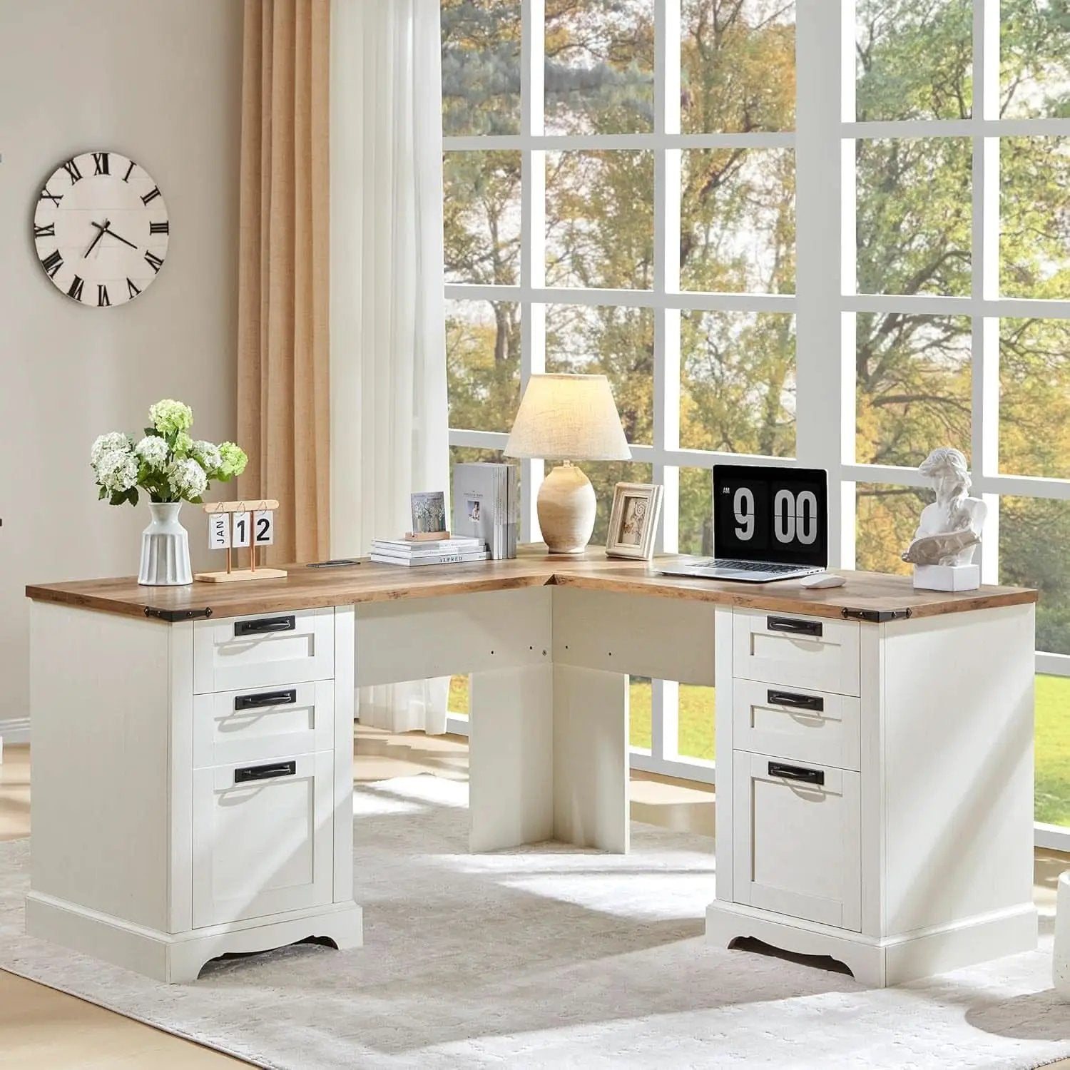 60 Inch Farmhouse L Shaped Desk Antique White With Drawers from PriceLows™
