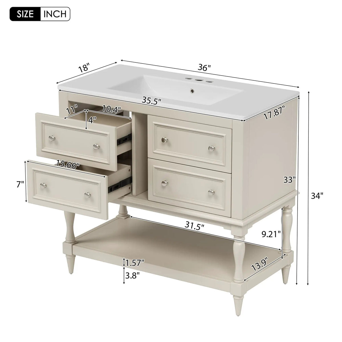 36 Inch Bathroom Vanity With Undermount Sink | 4 Extension Drawers | Solid Wood Frame | Ceramic Sink