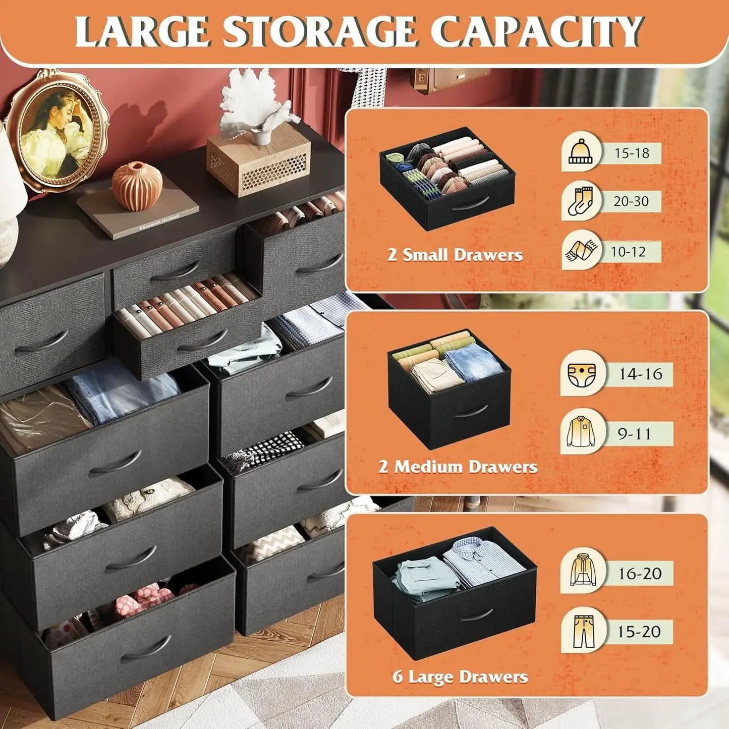 10 Drawer Dresser With Black Finish For Bedroom Storage from PriceLows™