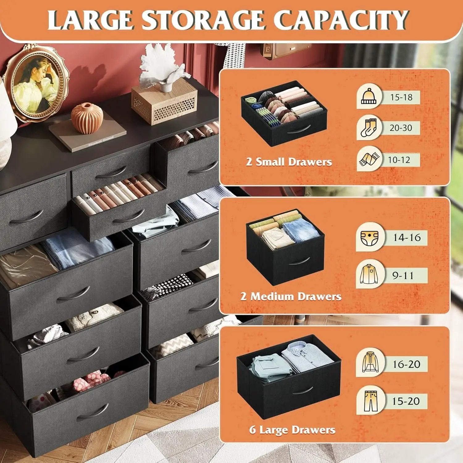 10 Drawer Dresser With Black Finish For Bedroom Storage from PriceLows™