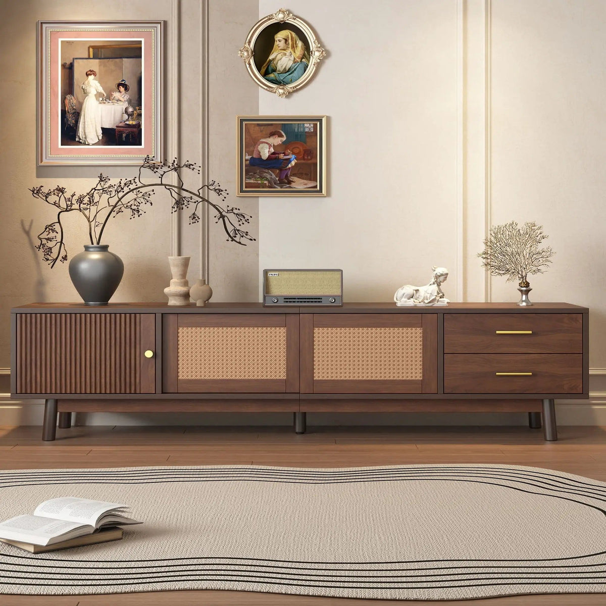 80 Inch TV Stand | Sliding Doors And Drawers | Interwoven Rattan Design | Metal Handles