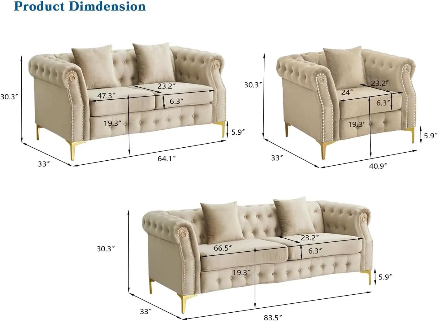 Three Piece Living Room Set Mid Century Sofa Armchair Loveseat Beige With Button Tufting And Nailhead Trim from PriceLows™